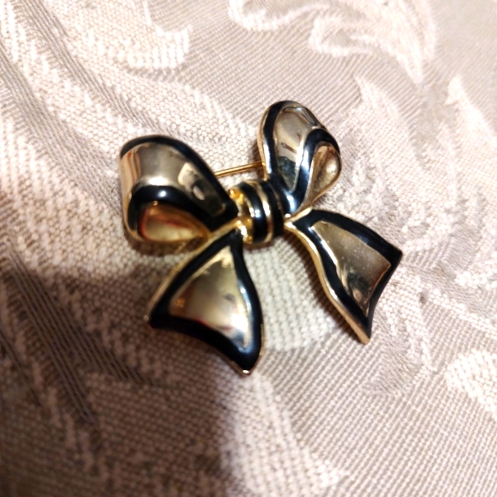 🔸🖤🔸Adorable Vintage 80's Black & Gold Ribbon Bow Brooch - Picture 5 of 13